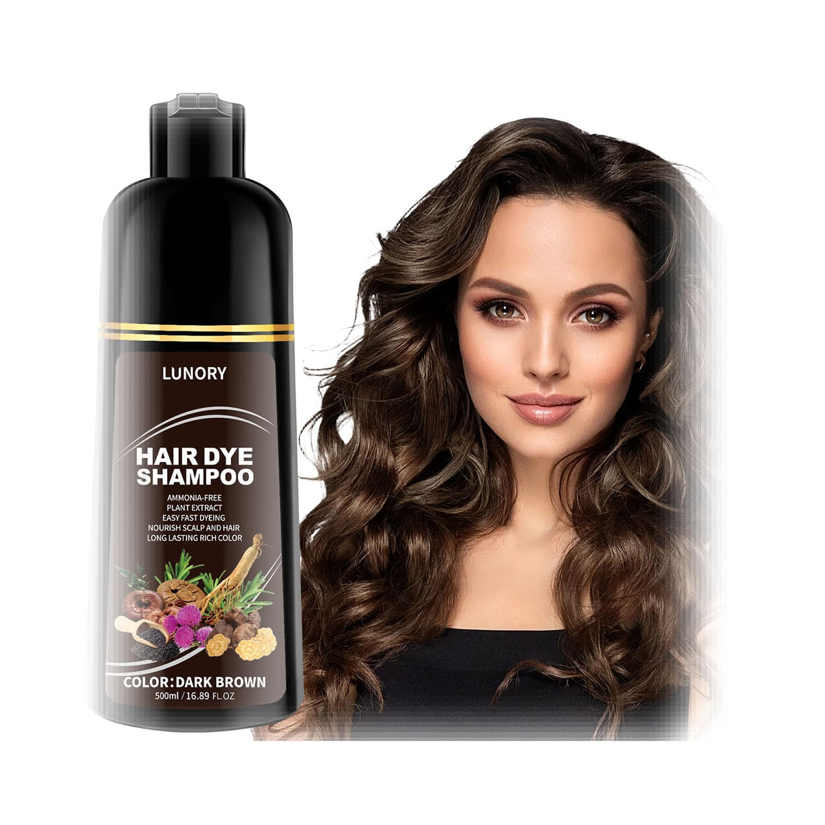 Lunory dark brown hair dye shampoo bottle demonstrates convenient home color application.