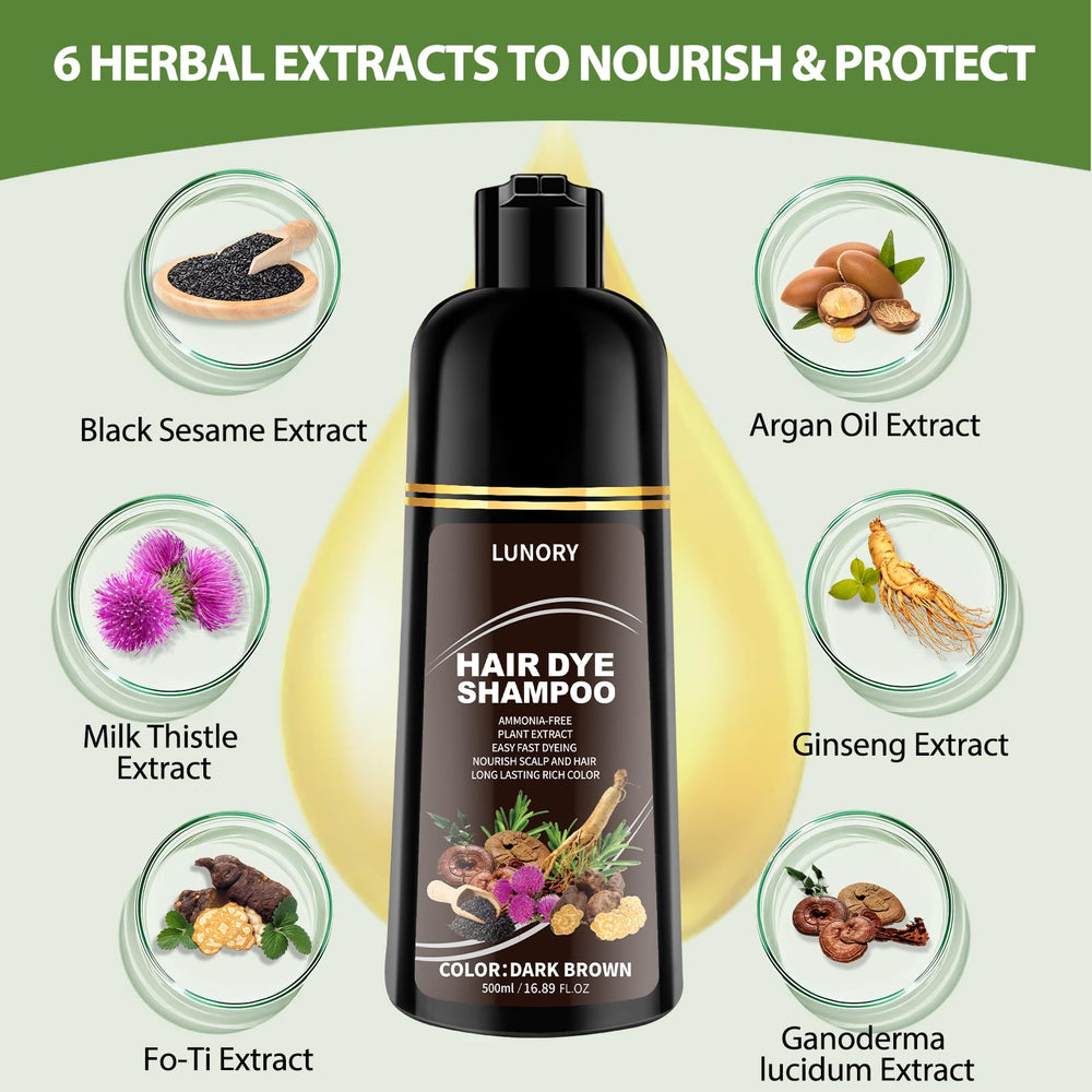 Lunory dark brown hair dye shampoo color swatches reveal rich natural shade options.