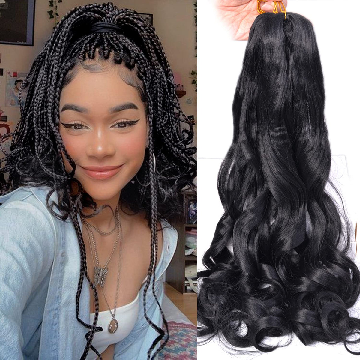 Luoyudu French curly braiding hair 24 inch in 1B black for natural-looking style