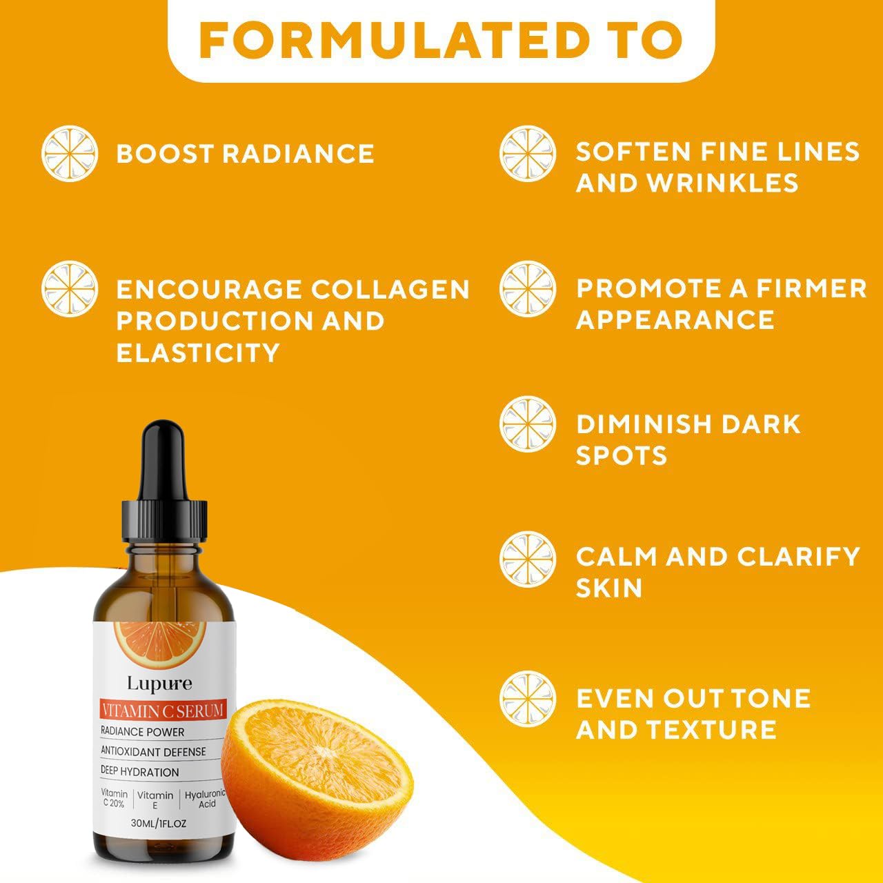 Lupure Serum Vitamina C 20% etiqueta detallada con ingredientes clave.