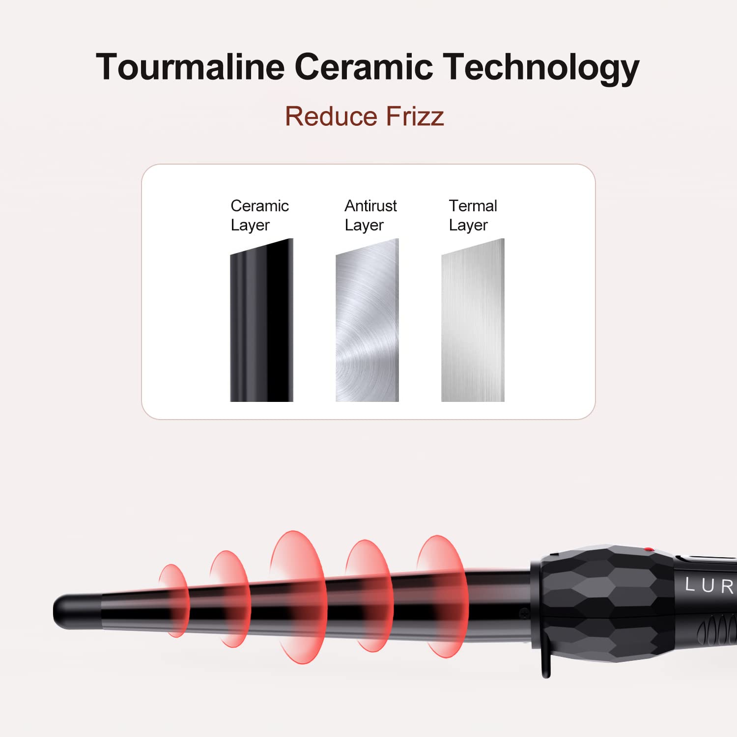 LURA dual voltage curling wand shown with travel-ready label