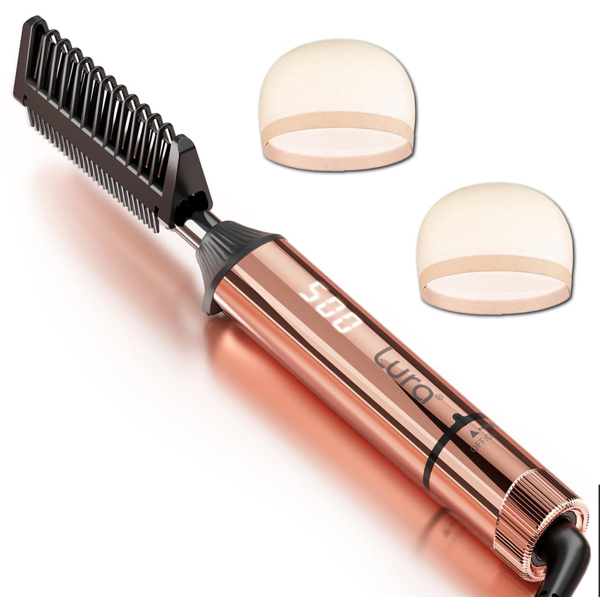 LURA Nano Titanium Hot Comb rose gold front view shows sleek styling profile for quick, even heat styling.
