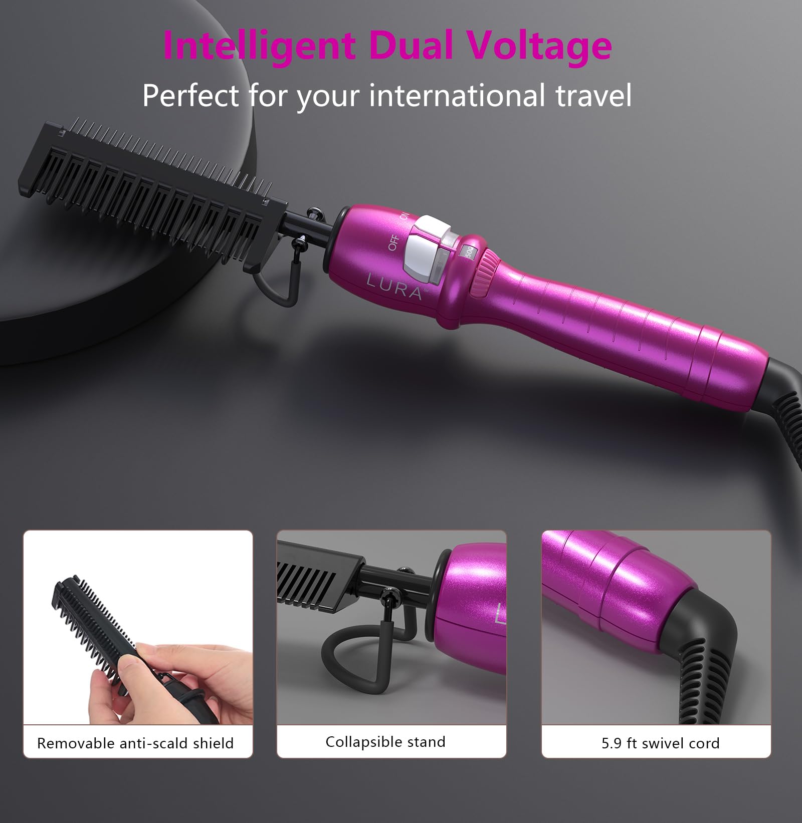 LURA pink hot comb automatic shut-off indicator enhances safety.