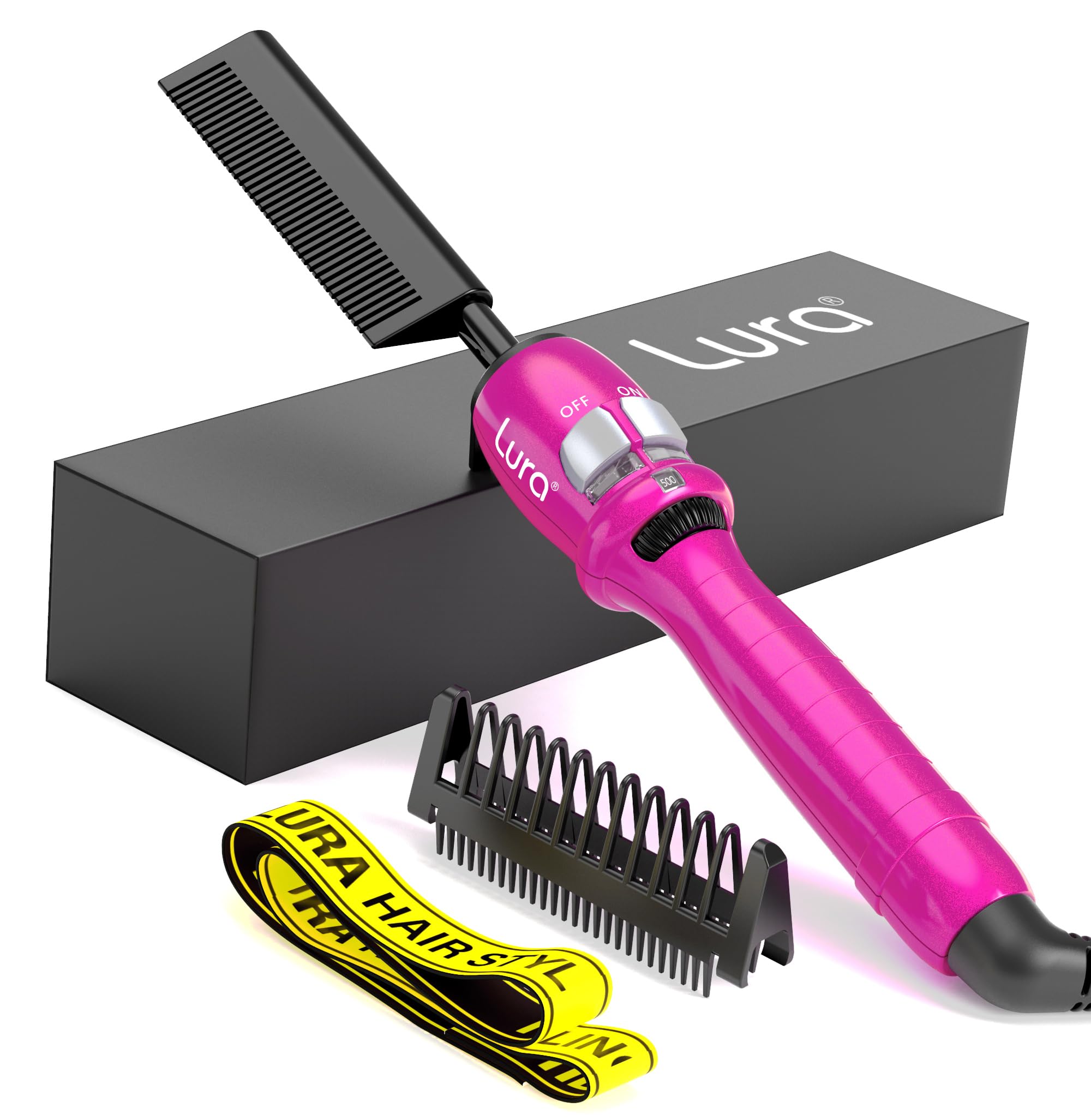 LURA pink hot comb top view, compact profile for precise wig styling.