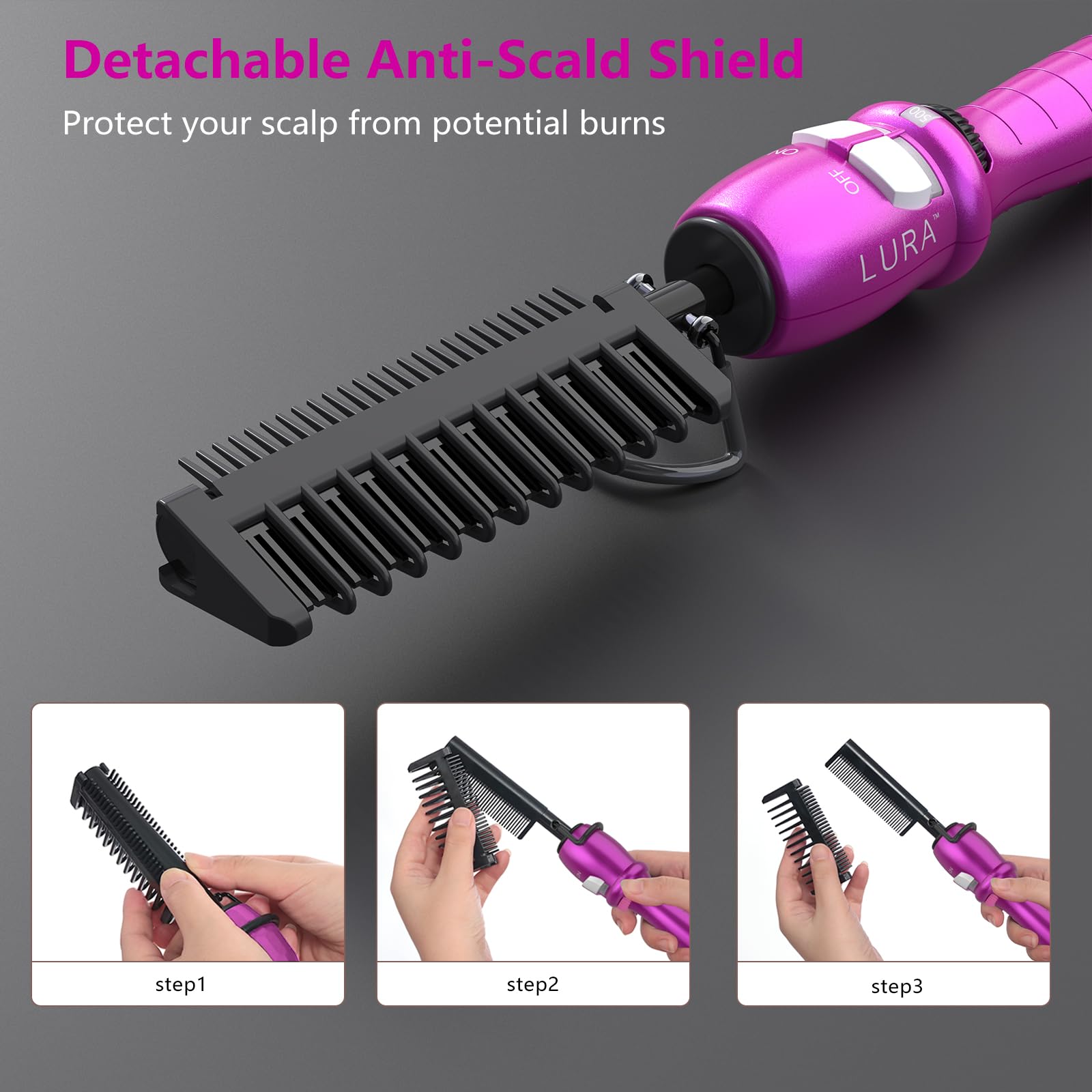LURA pink hot comb used on a wig to flatten and smooth.