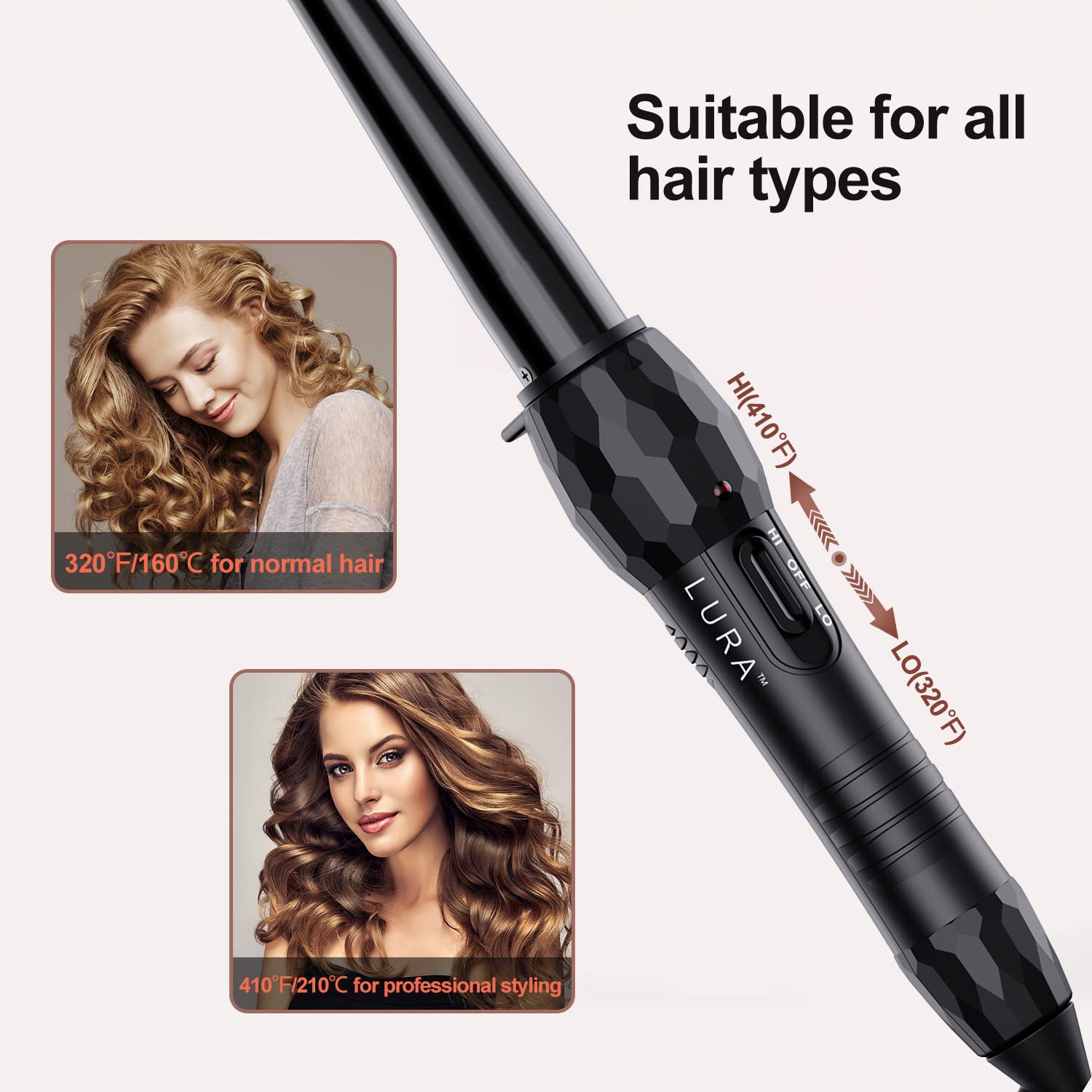 LURA wand temperature dial close-up demonstrates adjustable heat for different hair types