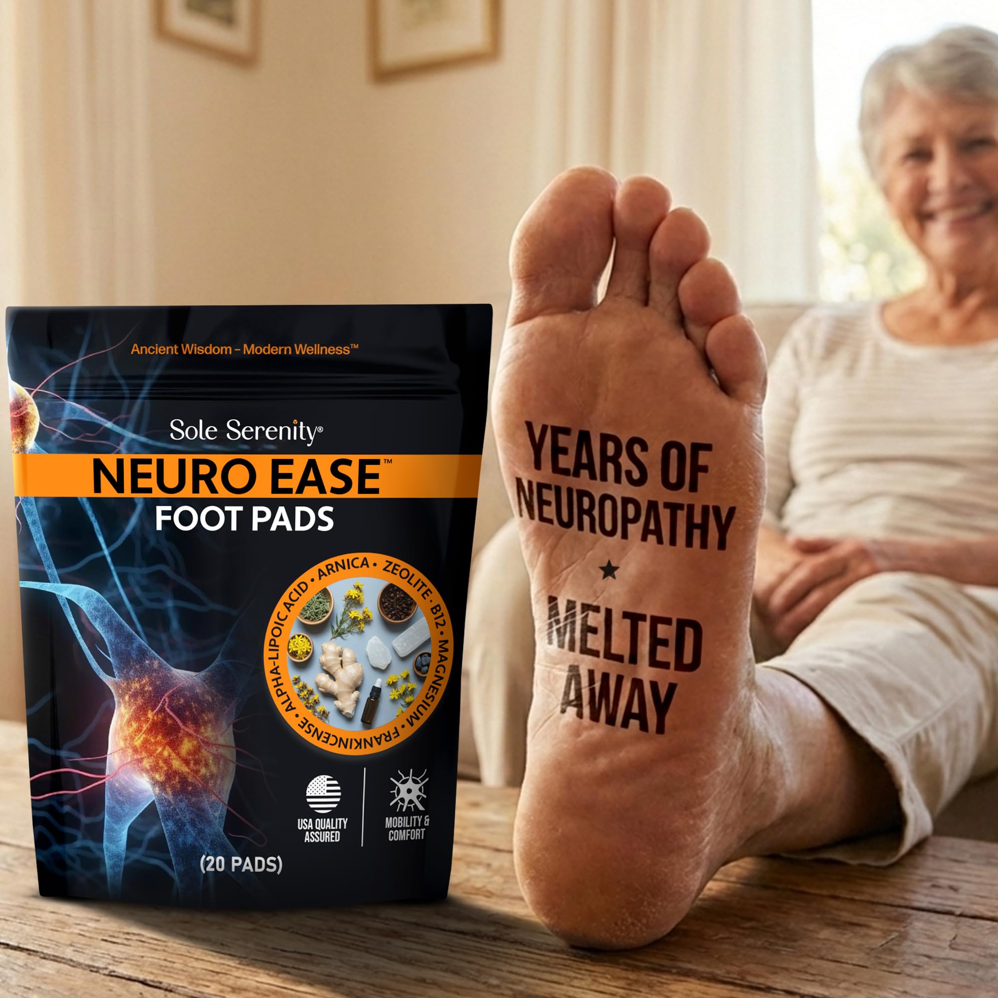 Lure Essentials Sole Serenity NeuroEase foot pad on soles demonstrates comfortable overnight support.