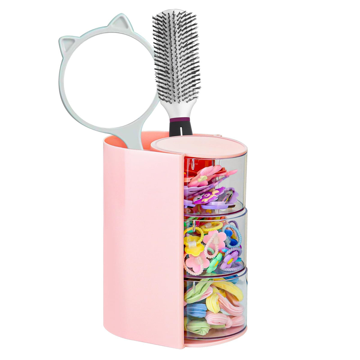 Luscinia hair organizer with a 180-degree rotatable design for quick access to clips and brushes.