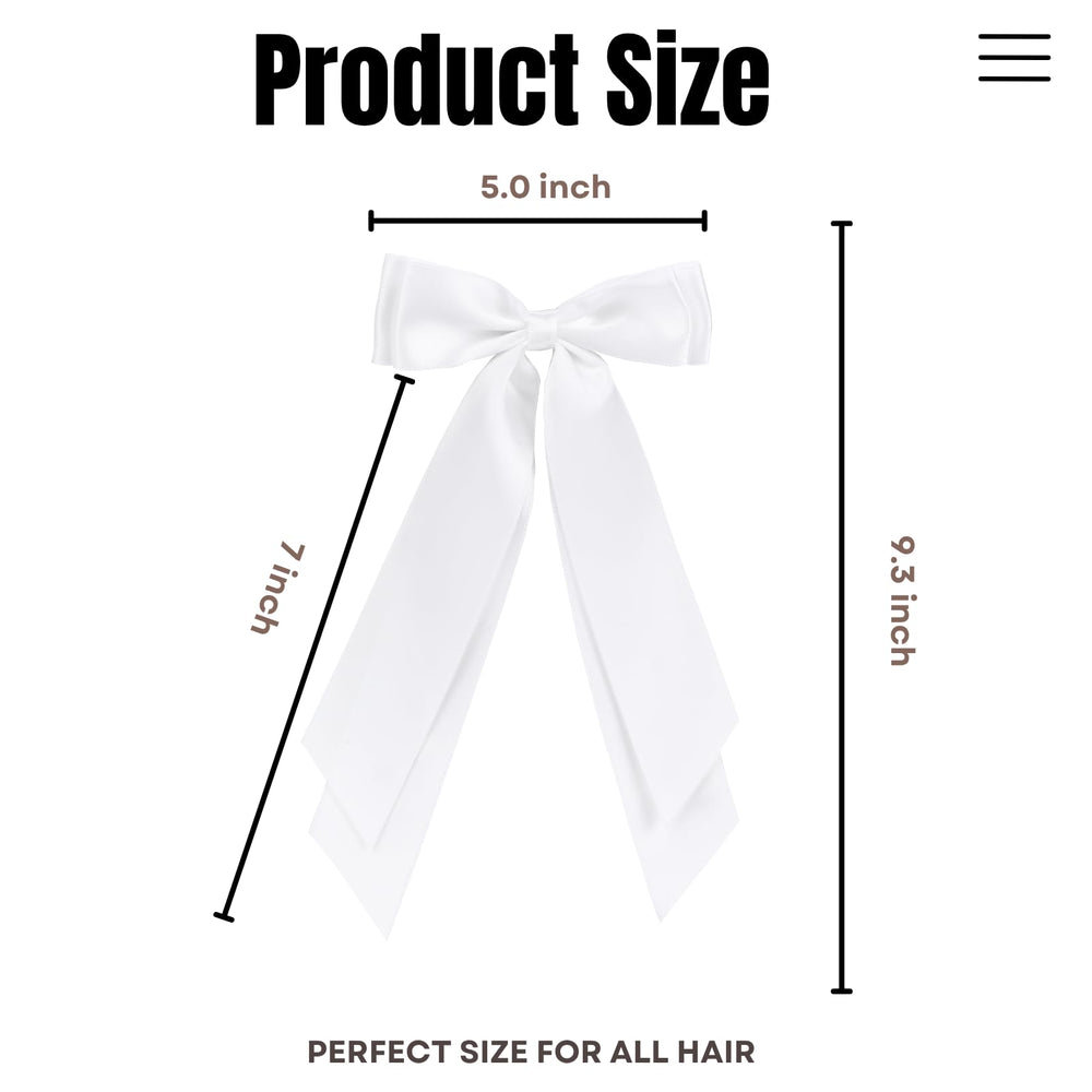 LuSeren white satin bow close-up with alligator clip for elegant finish.