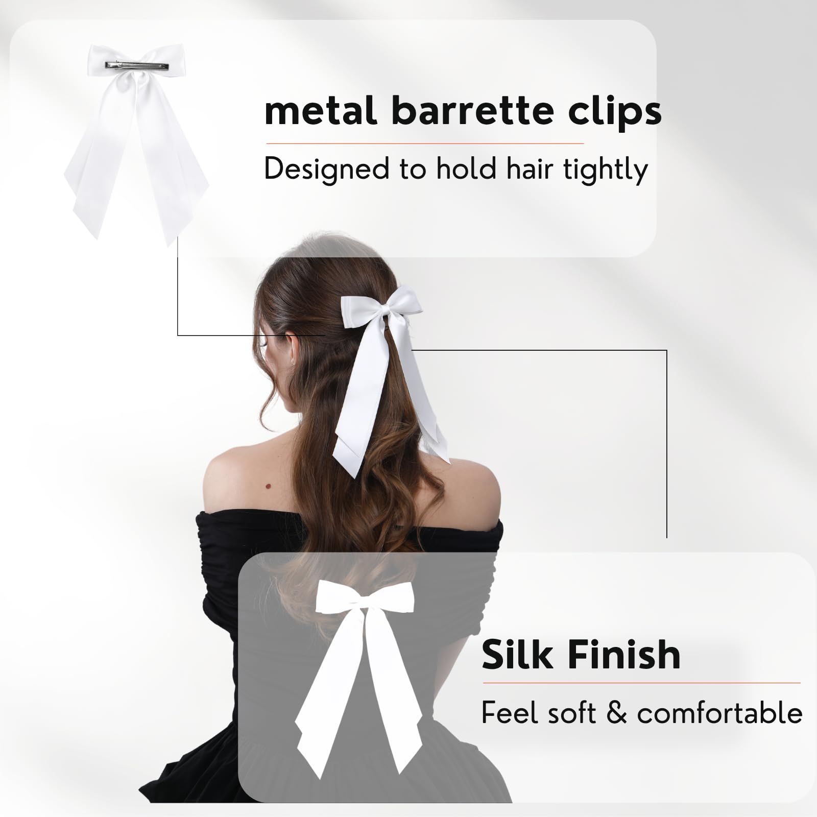 LuSeren white satin bow clipped in hair for everyday outfits.