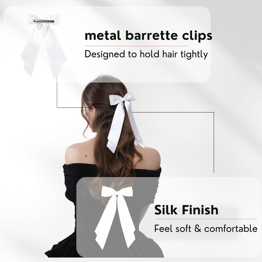 LuSeren white satin bow clipped in hair for everyday outfits.