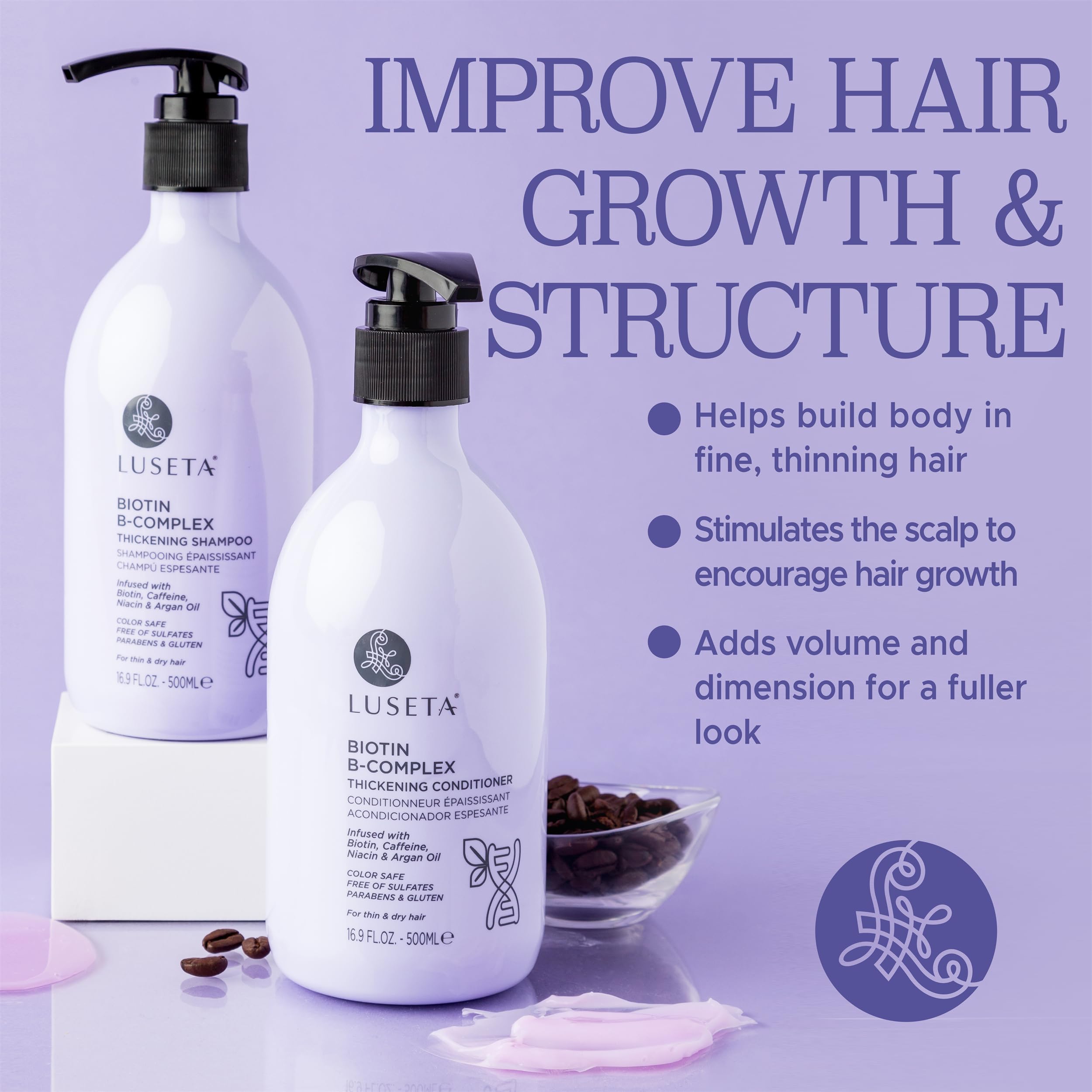 Luseta B-Complex Shampoo close-up of ingredients featuring biotin and caffeine.