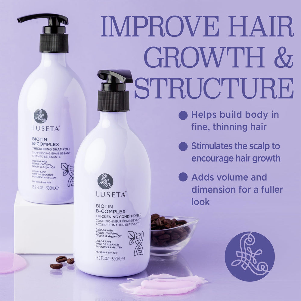 Luseta B-Complex Shampoo close-up of ingredients featuring biotin and caffeine.