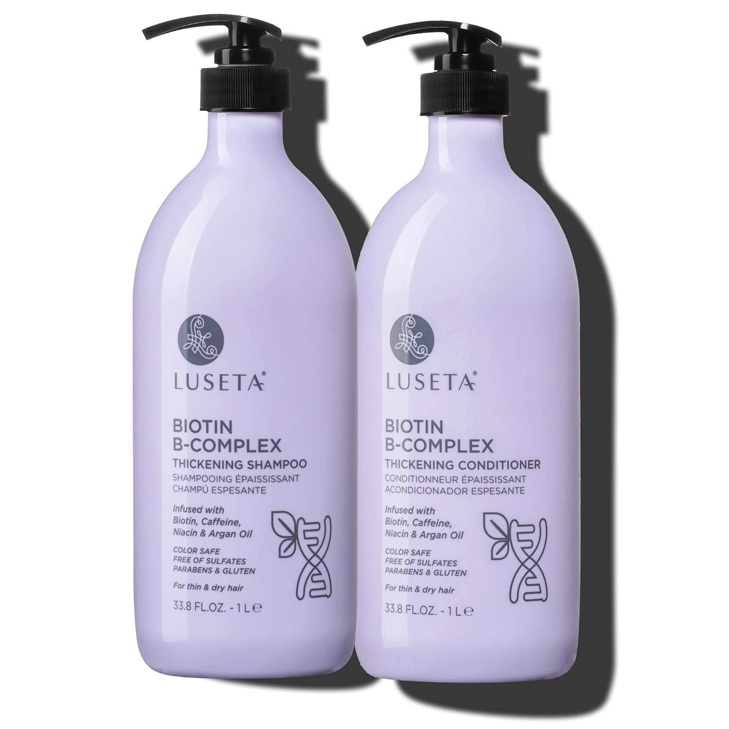 Luseta Biotin B-Complex Shampoo bottle pour showing rich, nourishing wash