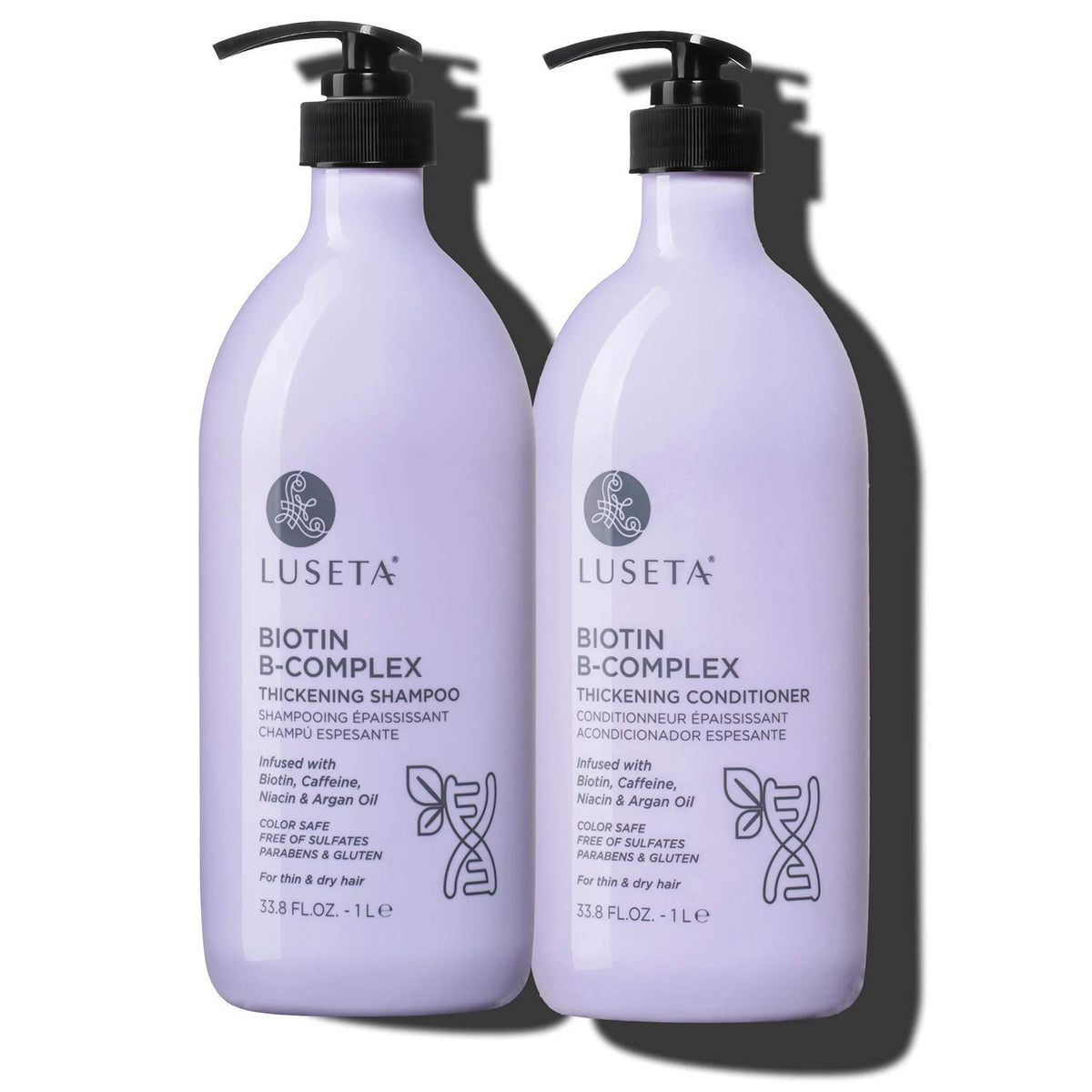 Luseta Biotin B-Complex Shampoo bottle pour showing rich, nourishing wash