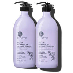 Luseta Biotin B-Complex Shampoo bottle pour showing rich, nourishing wash