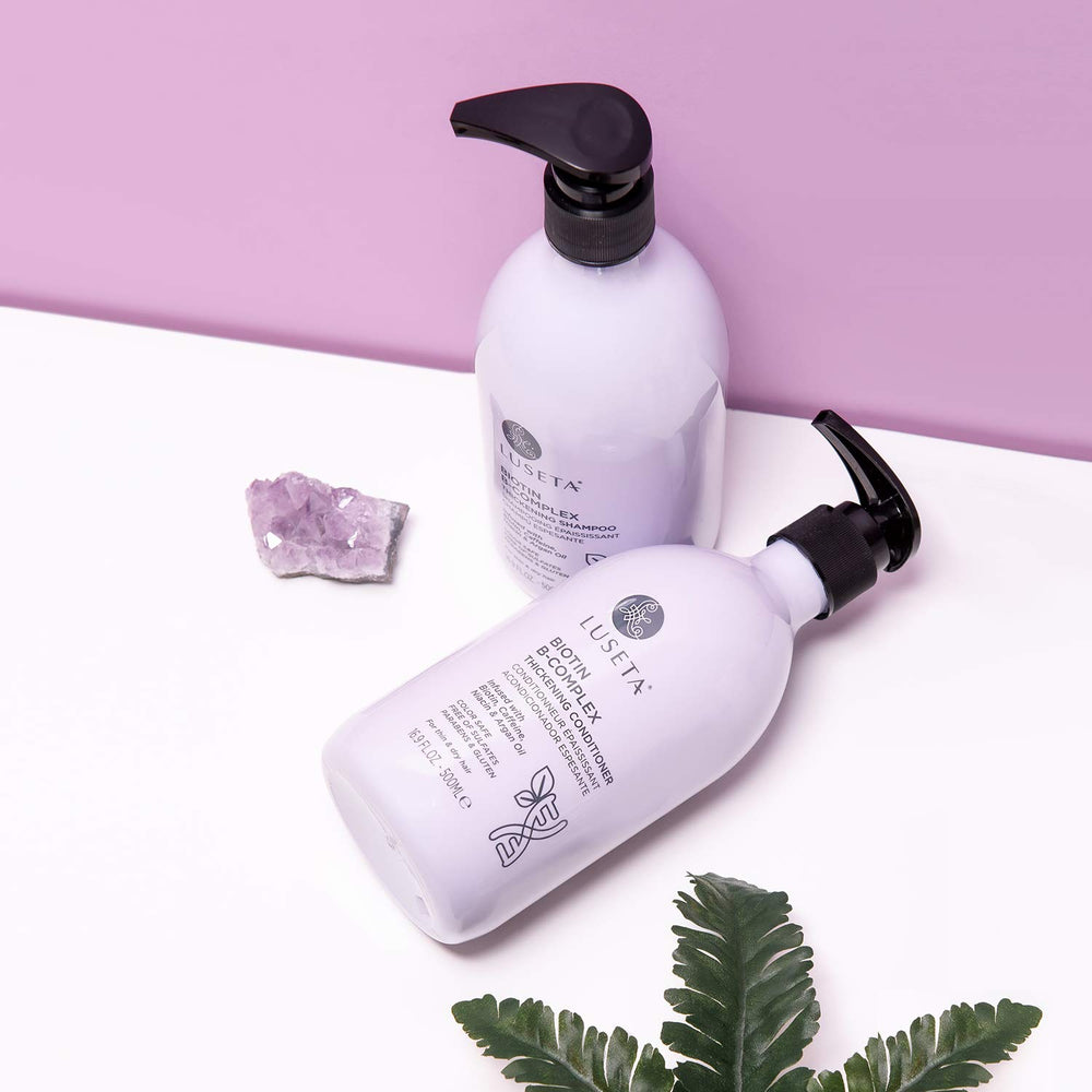 Luseta Biotin B-Complex Shampoo label highlighting biotin and caffeine benefits