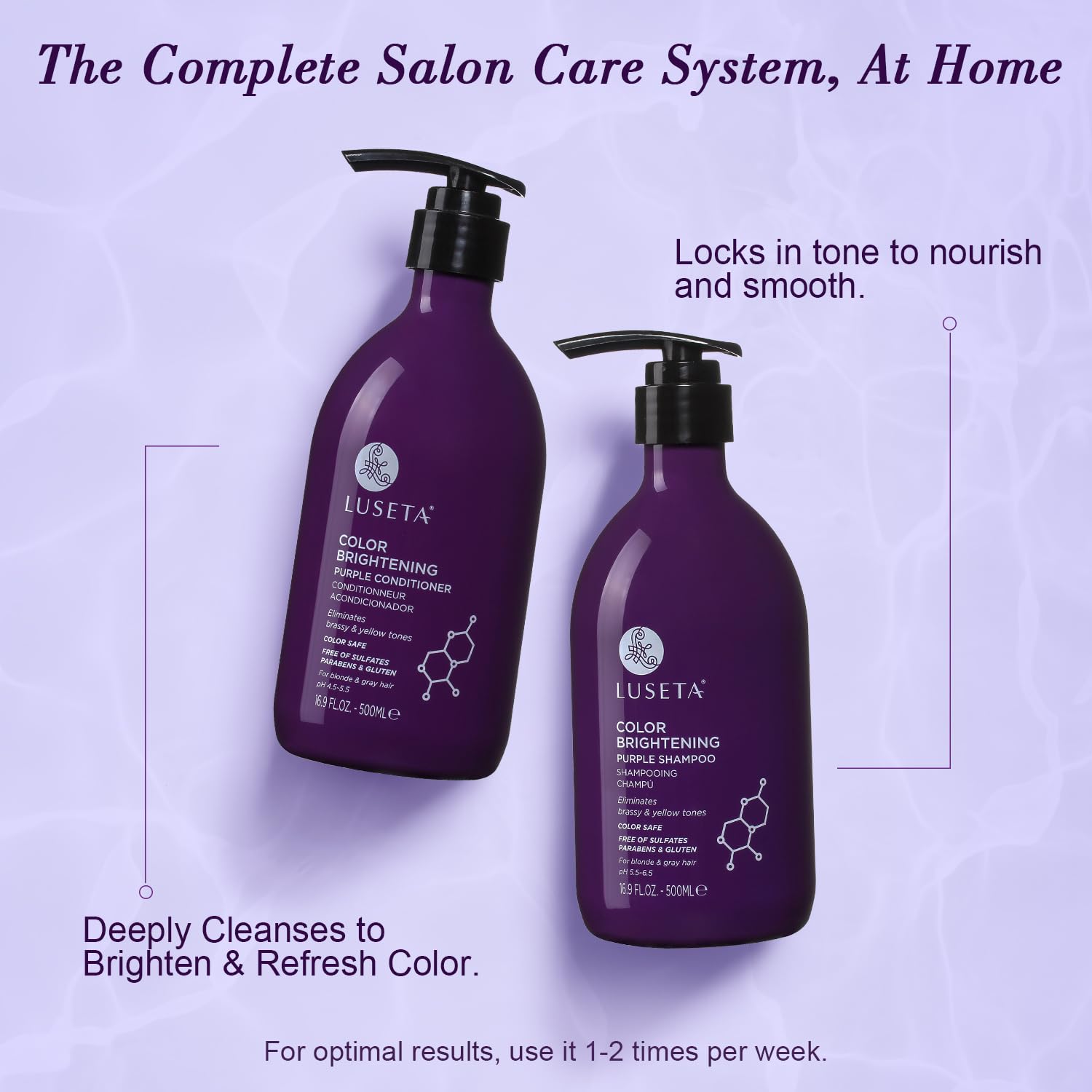 Bleached and gray hair glows with Luseta duo for brighter, cooler-looking shine.