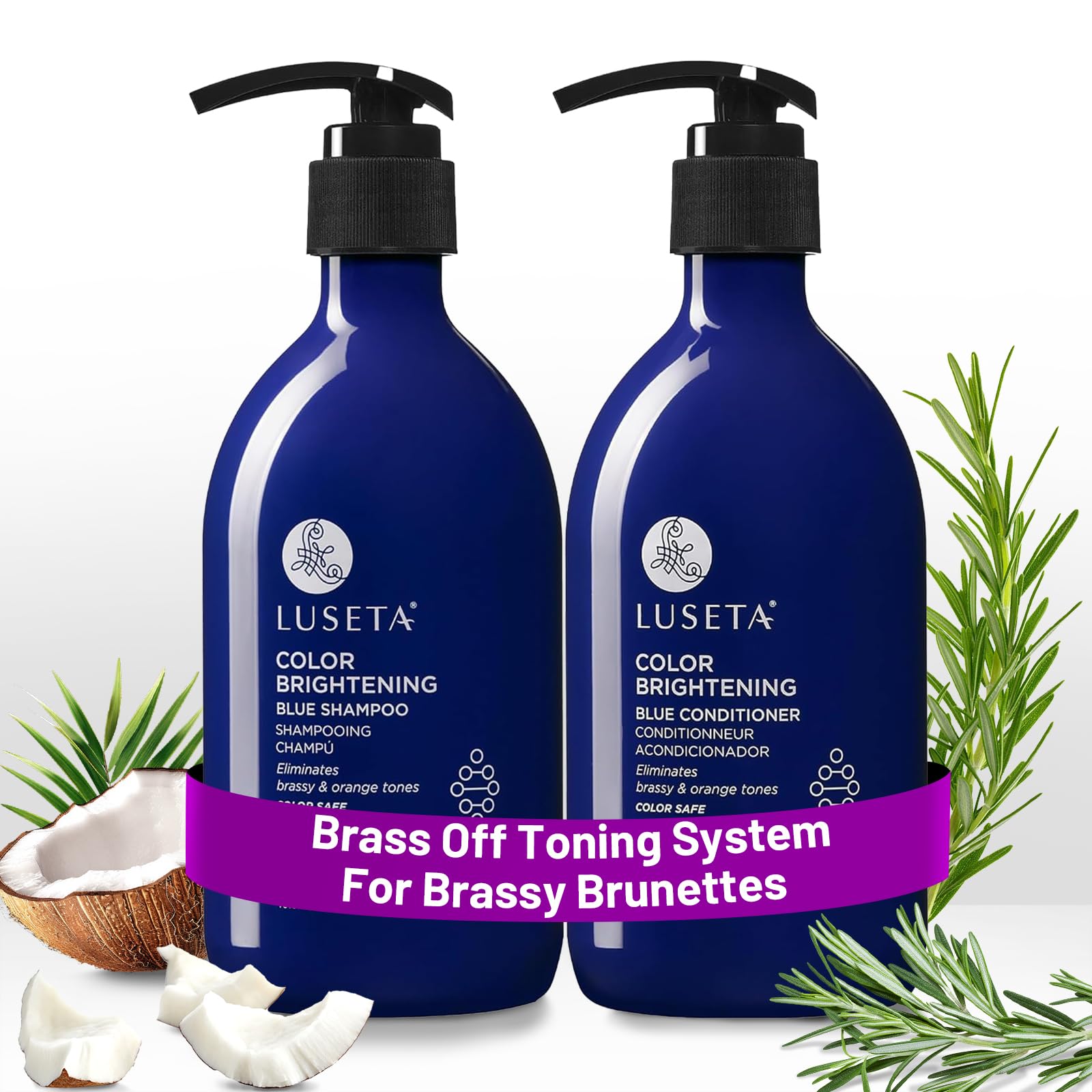 Luseta Blue Shampoo bottle pouring to counter orange tones on color-treated hair.