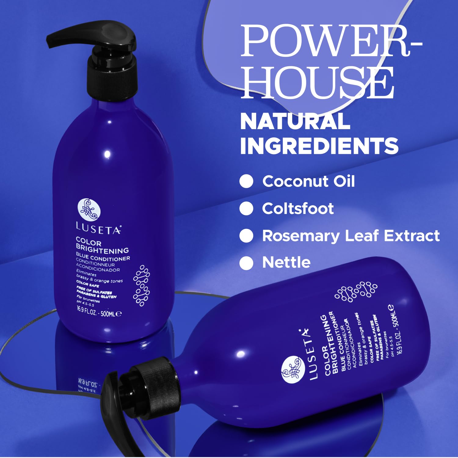 Luseta Blue Shampoo targets orange hues on brassy hair for a cooler look.