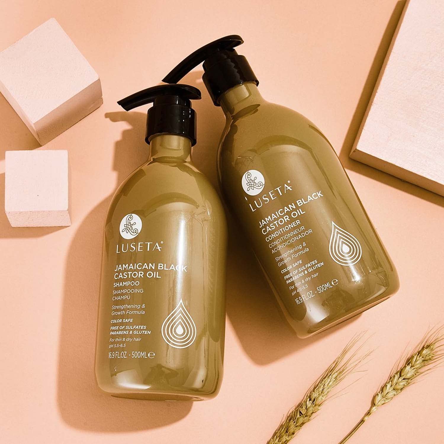 Luseta Castor Oil Set in bathroom display for daily hair care routine.