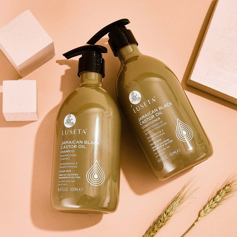 Luseta Castor Oil Set in bathroom display for daily hair care routine.