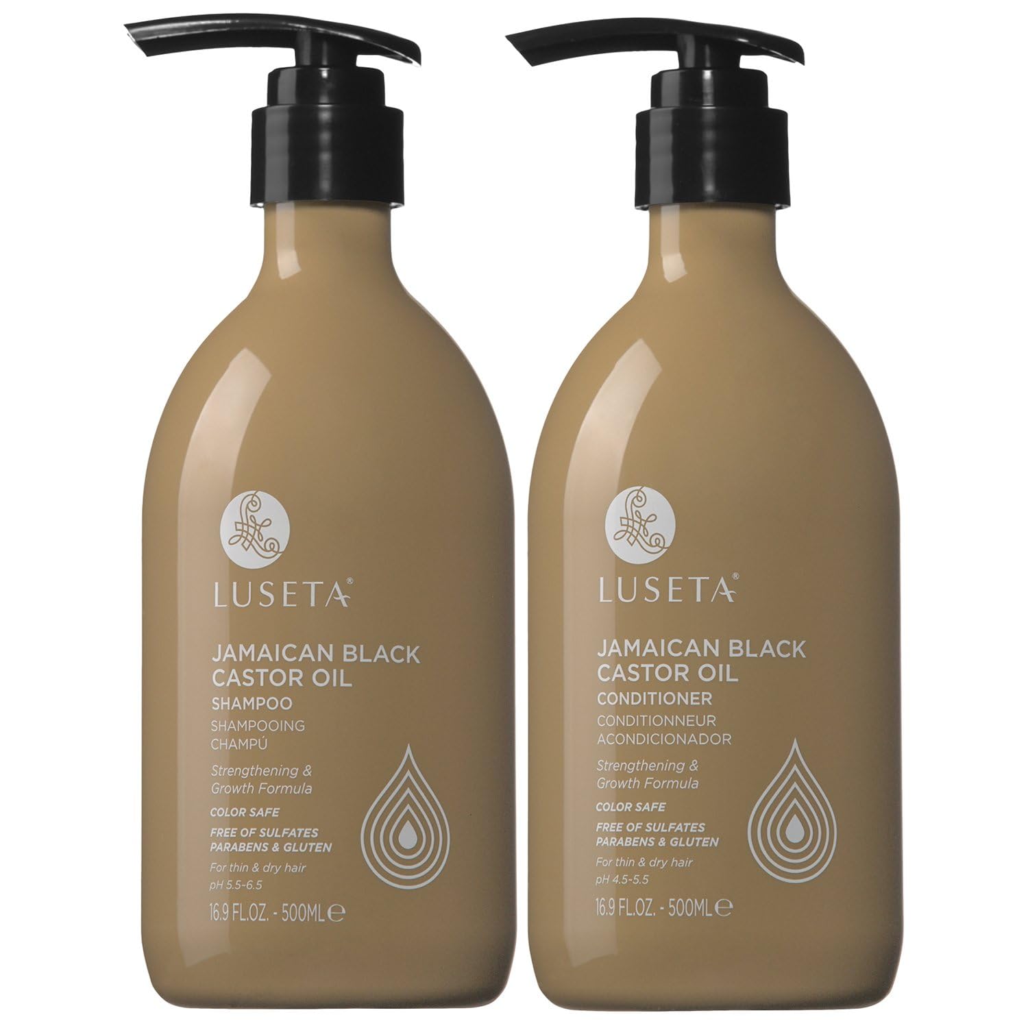 Luseta Castor Oil Shampoo bottle pour promotes cleansing with nourishing oils.