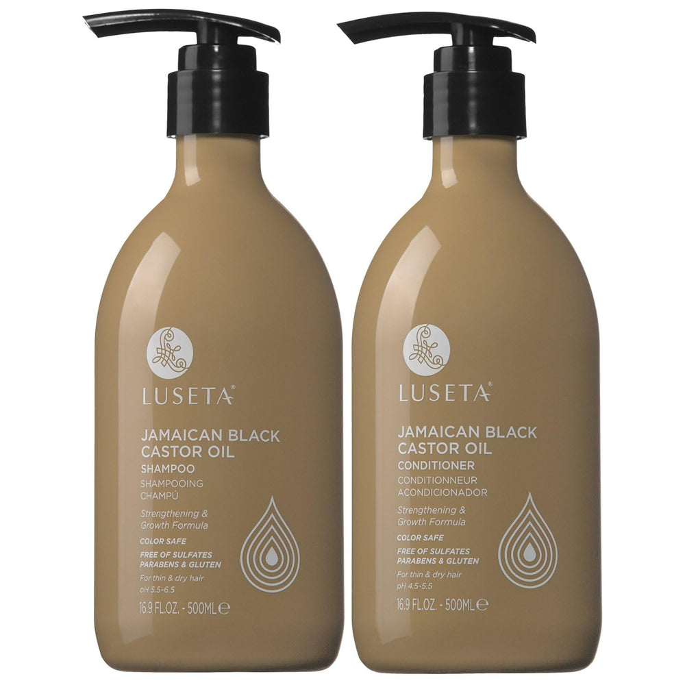 Luseta Castor Oil Shampoo bottle pour promotes cleansing with nourishing oils.