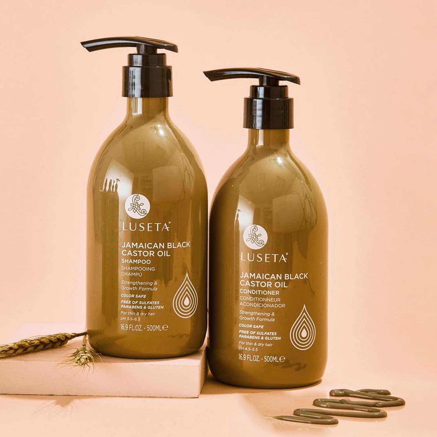 Luseta Castor Oil Shampoo label closeup notes color-safe, sulfate-free formula.