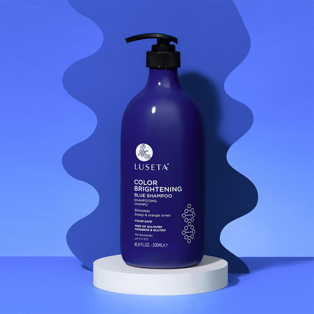 Luseta Blue Shampoo label communicates color-safe benefits for dyed hair.