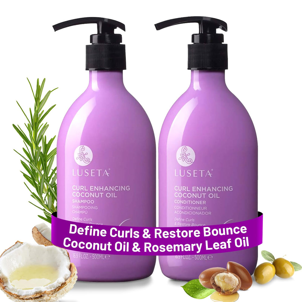 L LUSETA Luseta Curl Enhancing Coconut Oil Shampoo bottle boosts curl definition.
