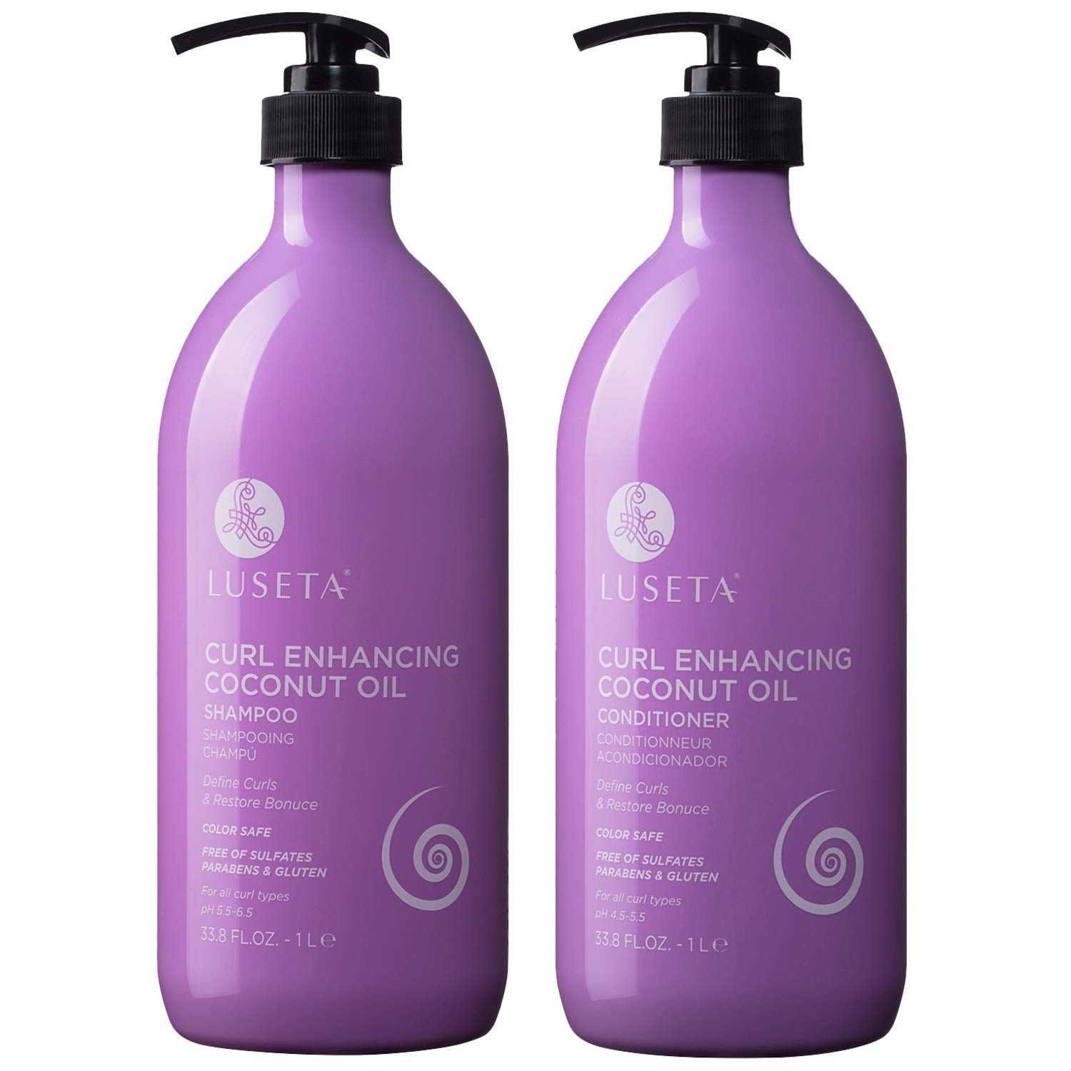 Luseta Curly Shampoo bottle pour enhances curl bounce with light cleansing.