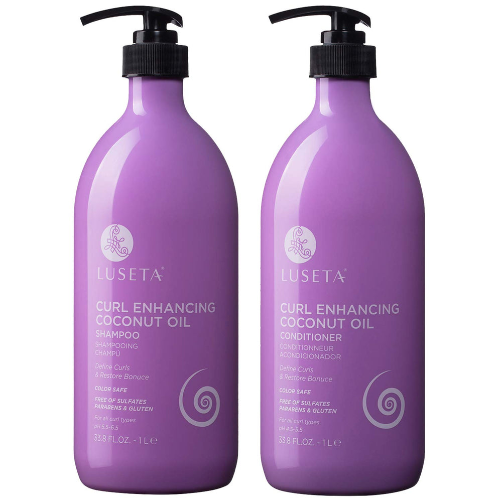 Luseta Curly Shampoo bottle pour enhances curl bounce with light cleansing.