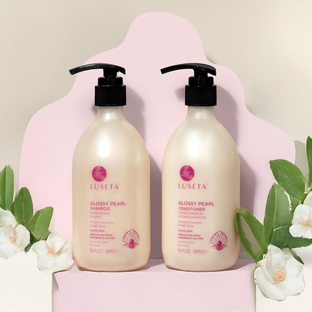 Luseta Glossy Pearl Conditioner bottle promising frizz control and shine.