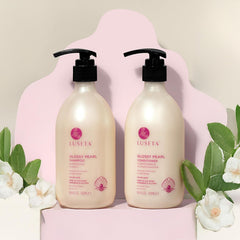 Luseta Glossy Pearl Conditioner bottle promising frizz control and shine.