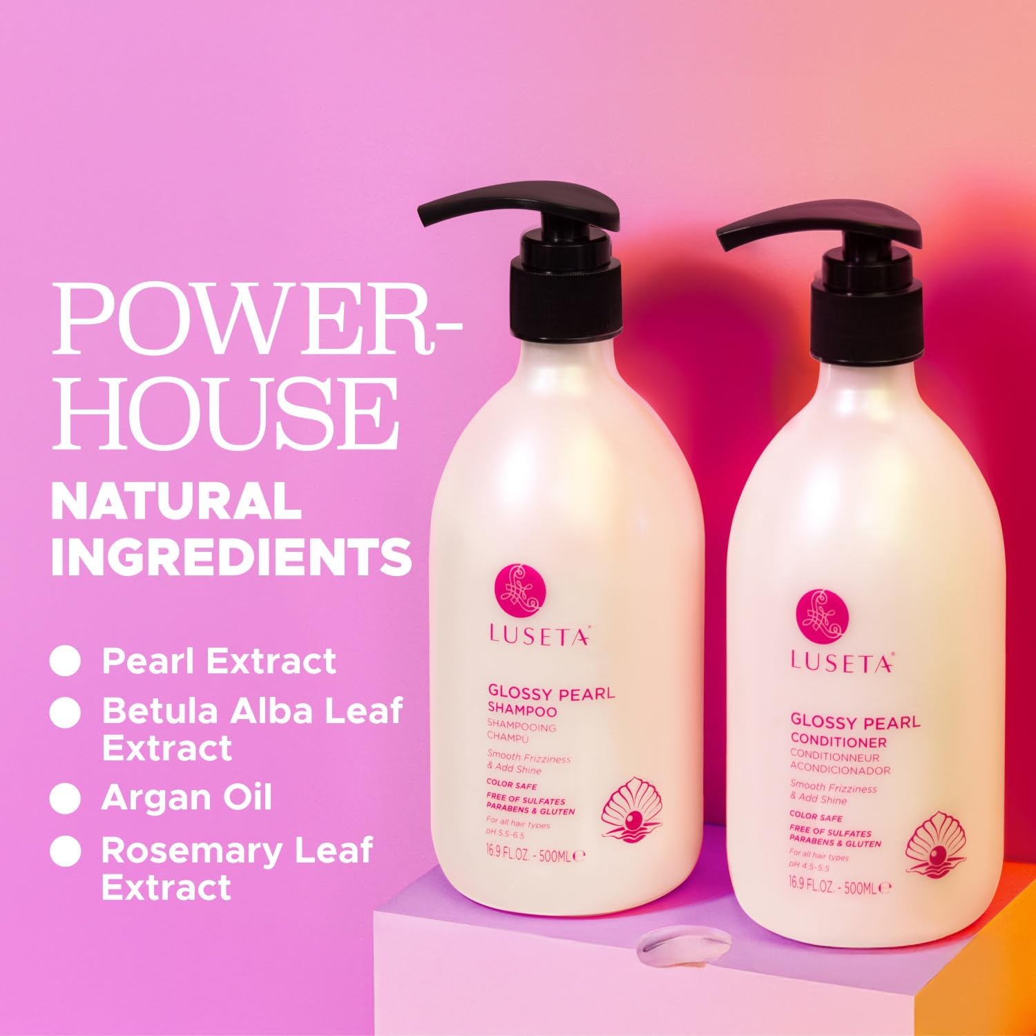 Close-up of Luseta Pearl shine to highlight luminous, reflective hair.