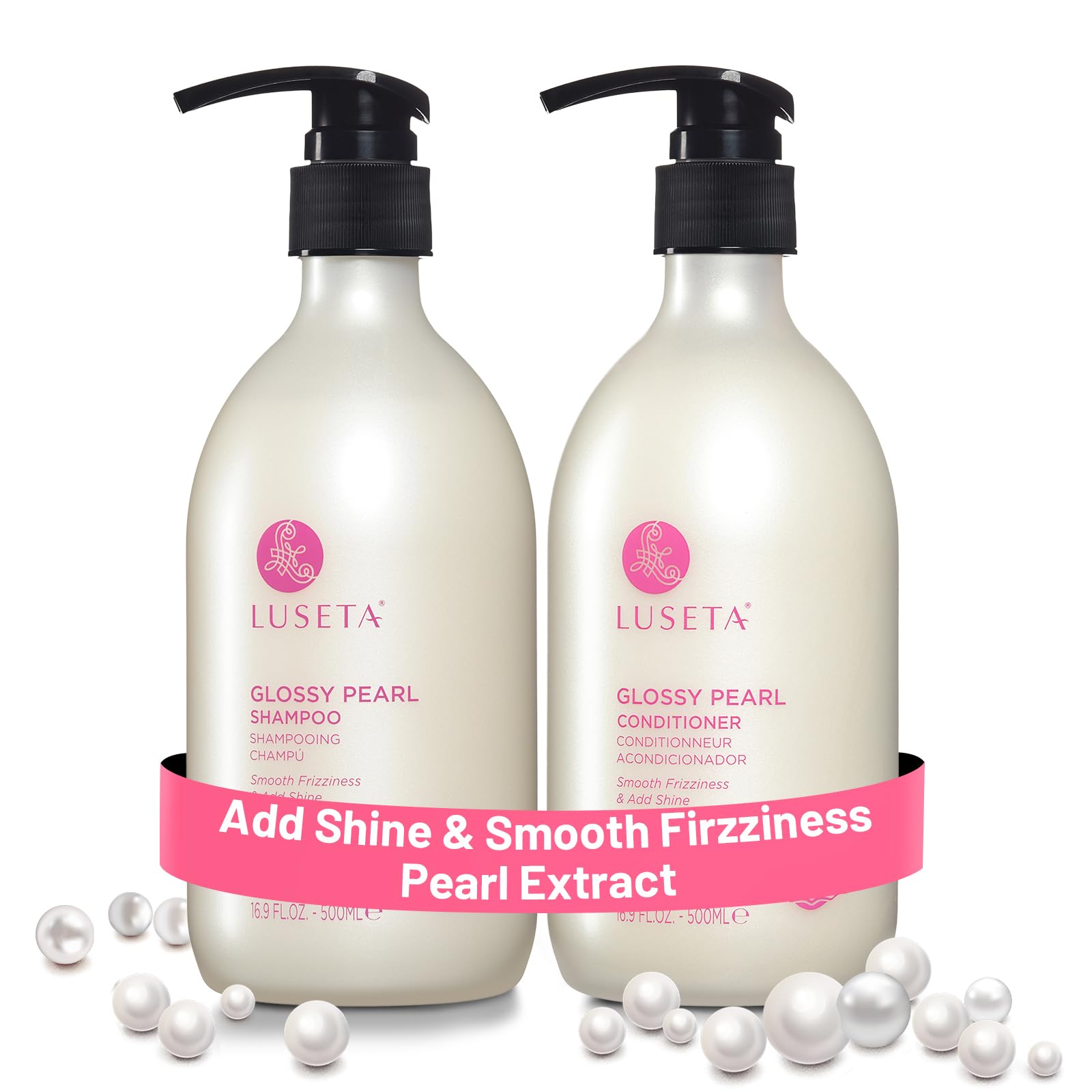 Luseta Glossy Pearl Shampoo bottle showing smooth, hydrated hair results.