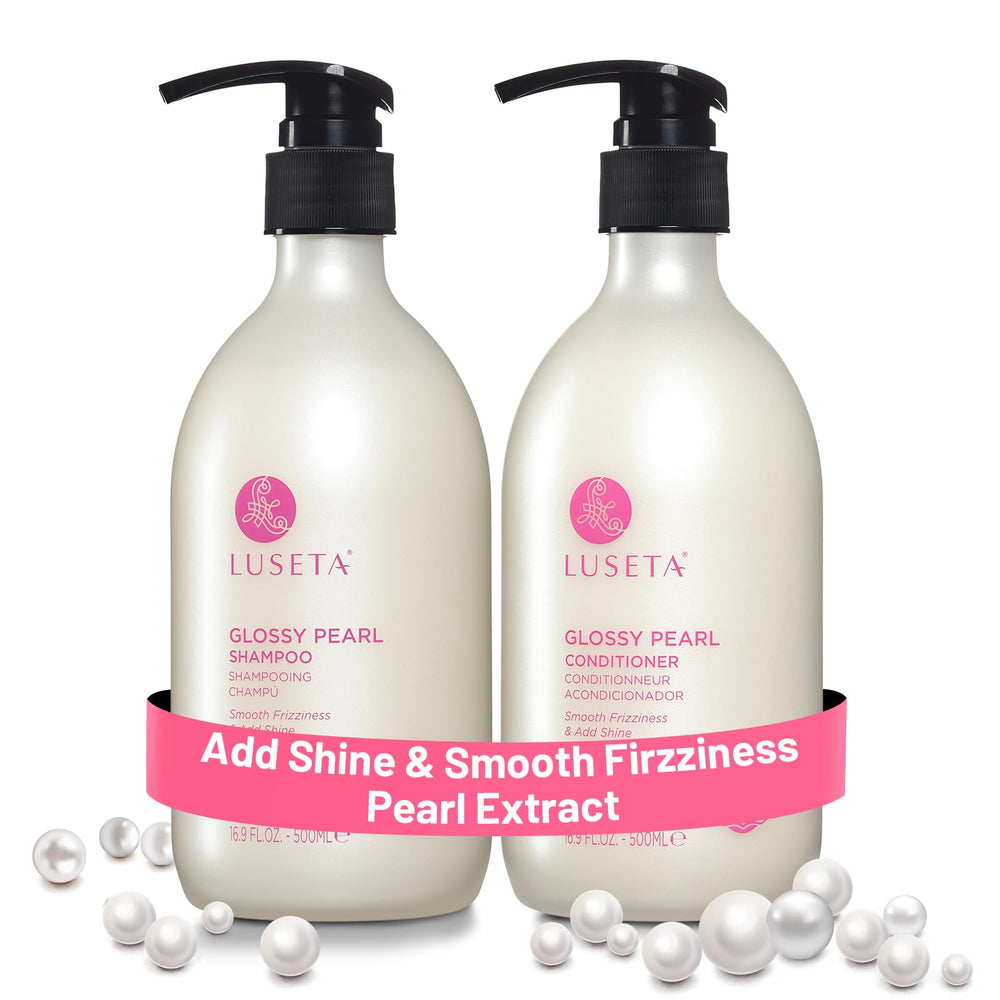 Luseta Glossy Pearl Shampoo bottle showing smooth, hydrated hair results.