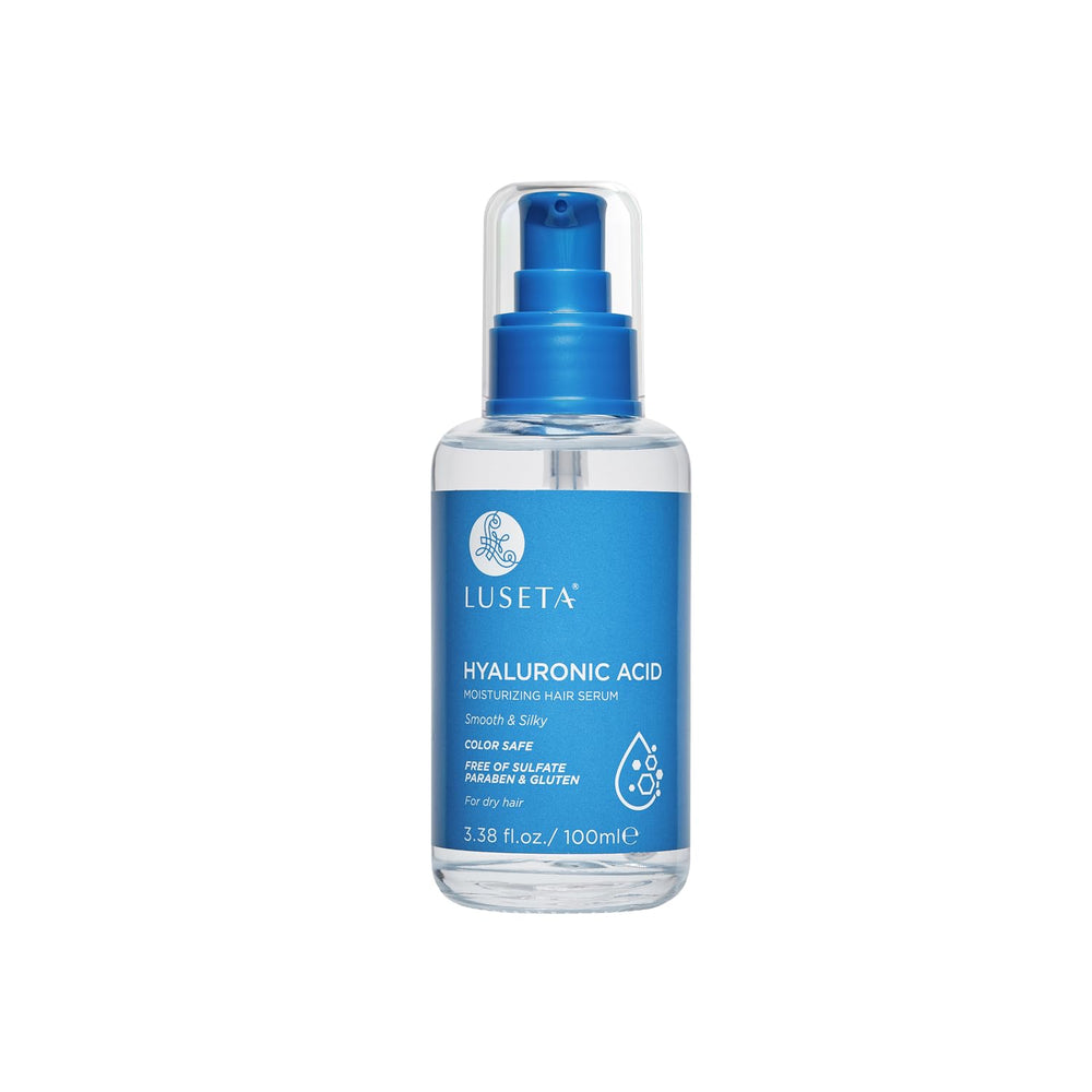 Luseta Hyaluronic Acid Hair Serum bottle highlighting hydration for glossy hair.