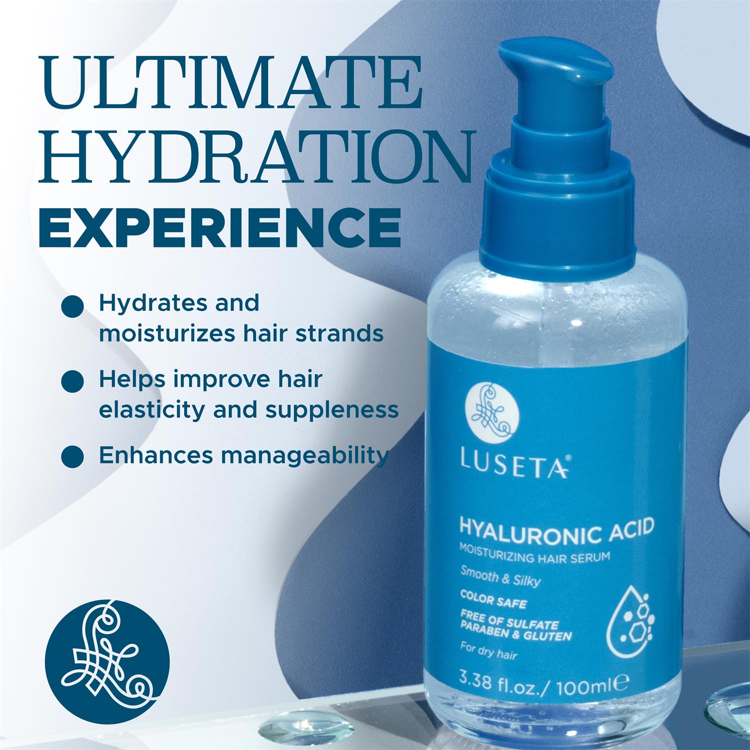 Luseta Hyaluronic Acid Hair Serum pump showing precise application.