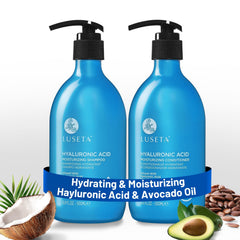 Luseta hyaluronic acid shampoo bottle highlights deep hydration and shine.