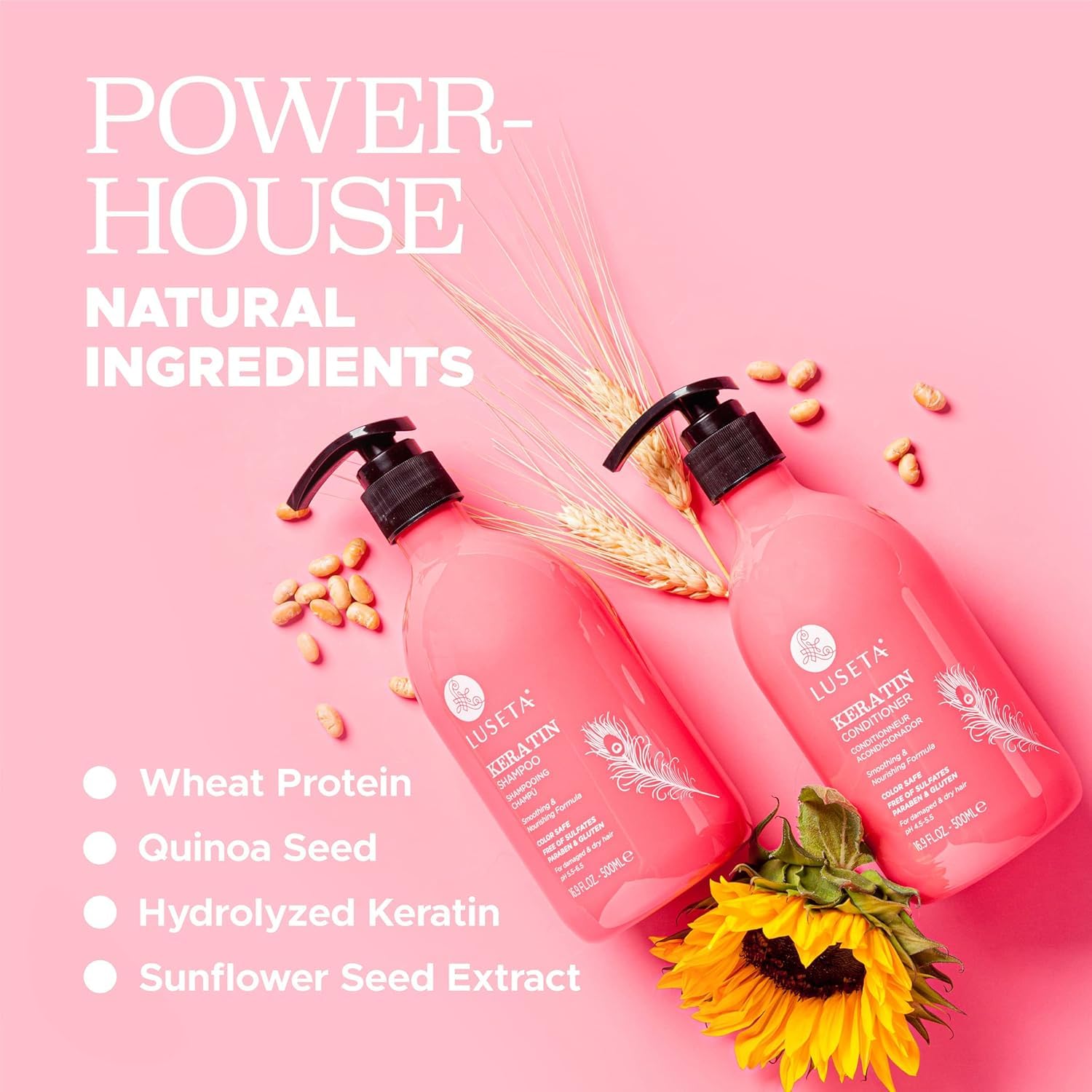 Luseta keratin conditioner bottle emphasizing smoothing and strengthening action.