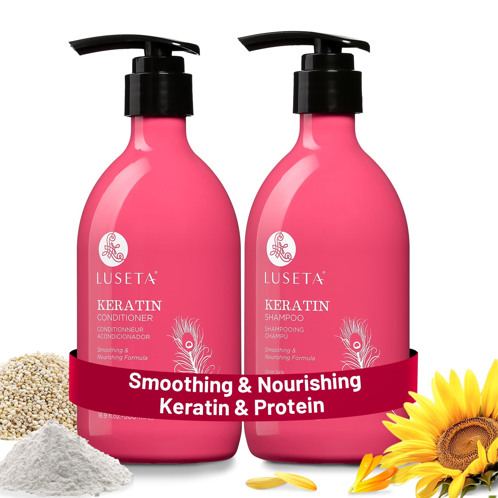 Luseta keratin shampoo bottle highlighting color-safe, damage-repairing formula.