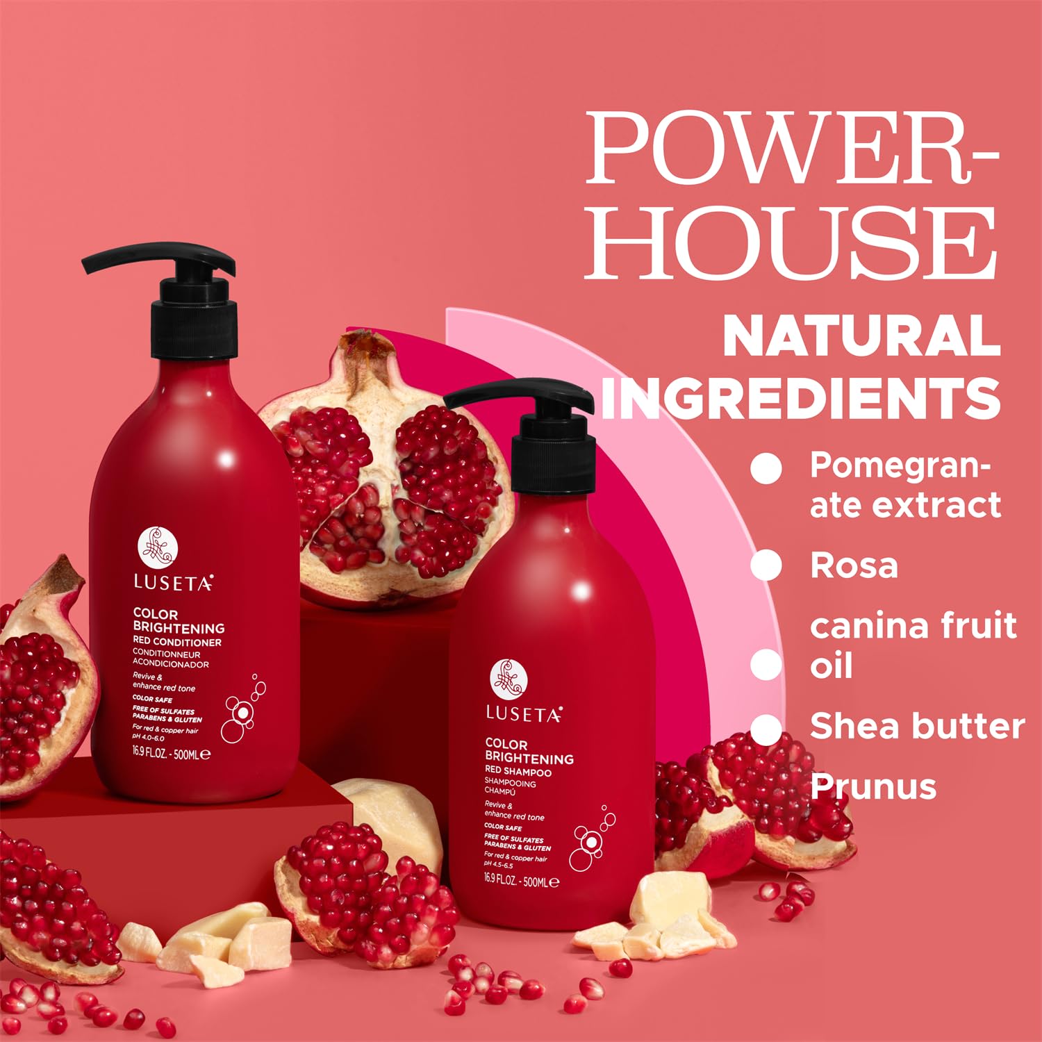 Luseta pomegranate extract illustration signals antioxidant care for color-treated hair.