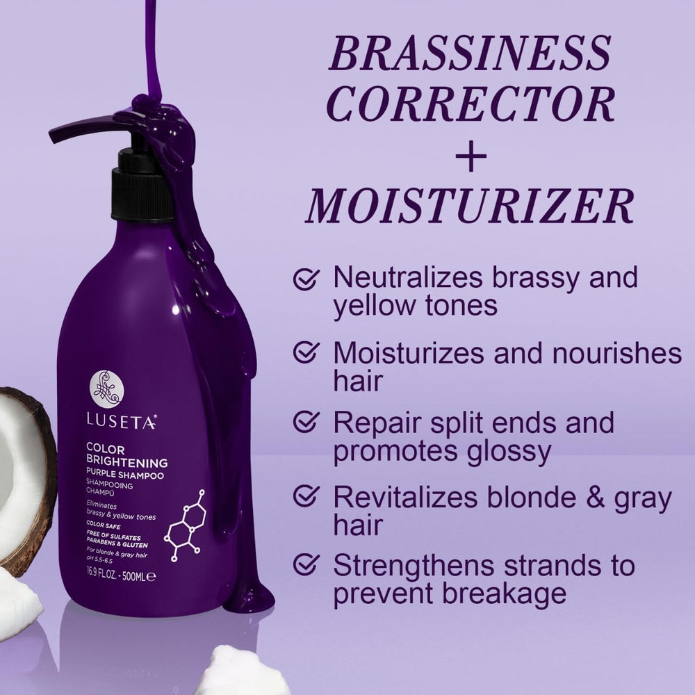 Luseta purple conditioner bottle emphasizes rich hydration to prevent brassiness in platinum hair.