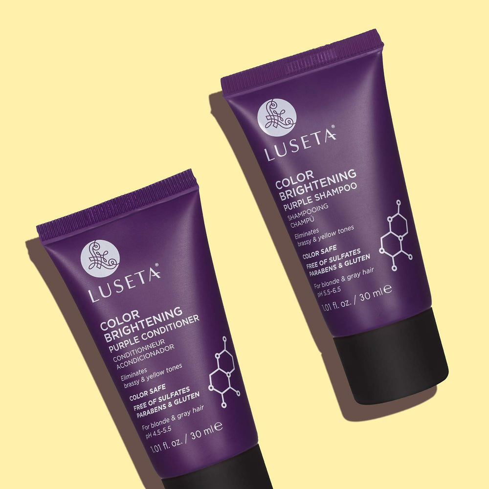 Luseta purple shampoo and conditioner together on shelf as travel-ready duo.