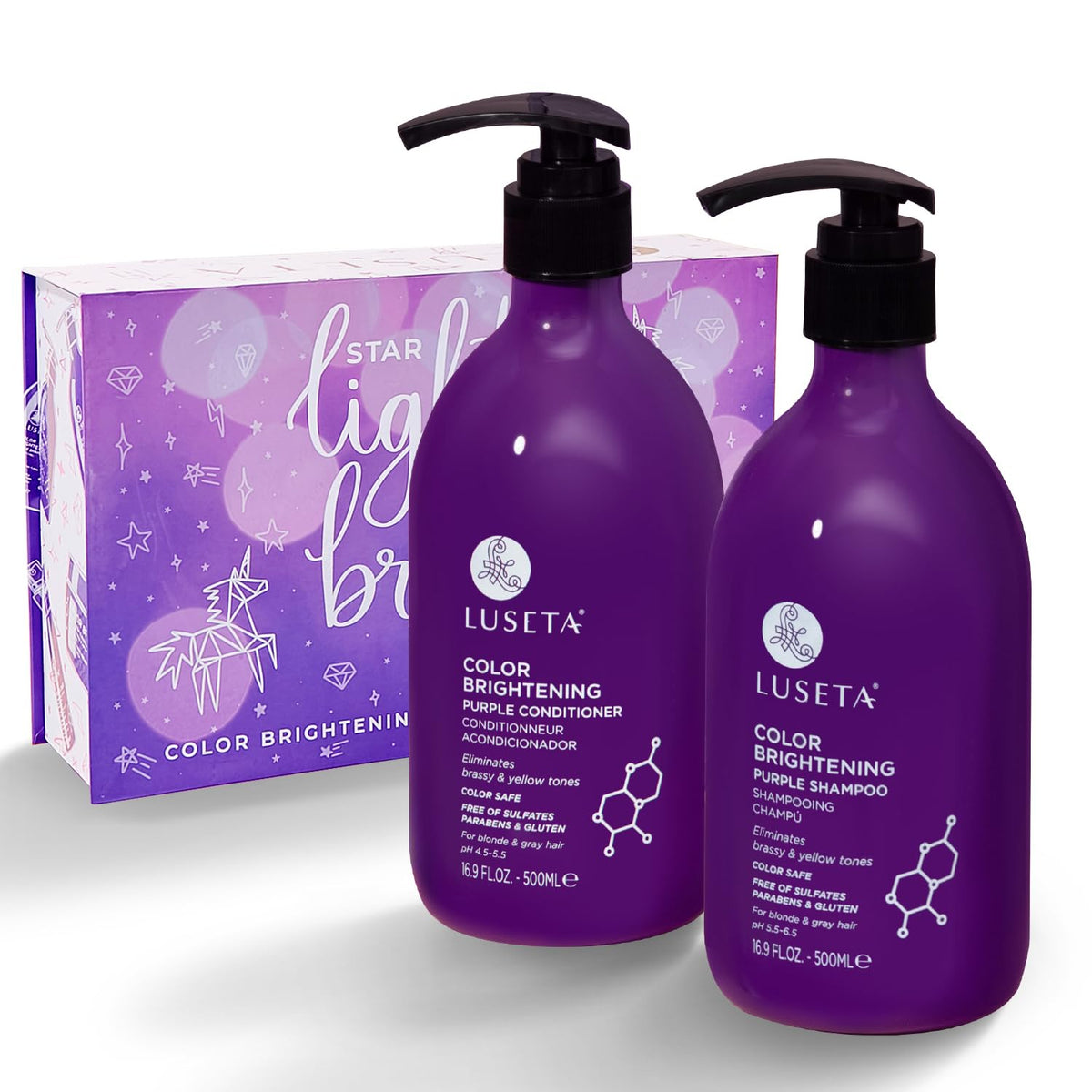 Luseta purple shampoo bottle demonstrates violet formula neutralizing brass for cool blonde tones.
