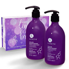 Luseta purple shampoo bottle demonstrates violet formula neutralizing brass for cool blonde tones.