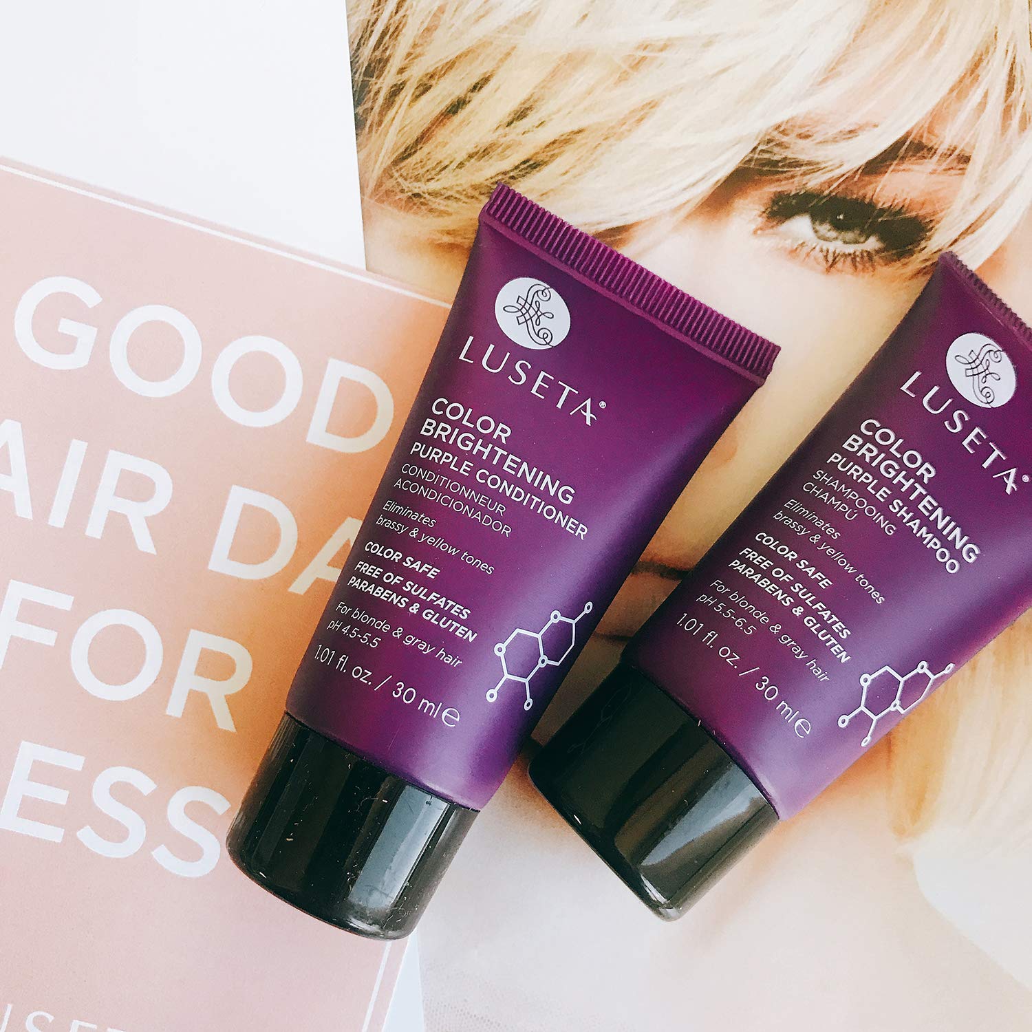 Luseta purple shampoo and conditioner in use helping reduce brass tones.