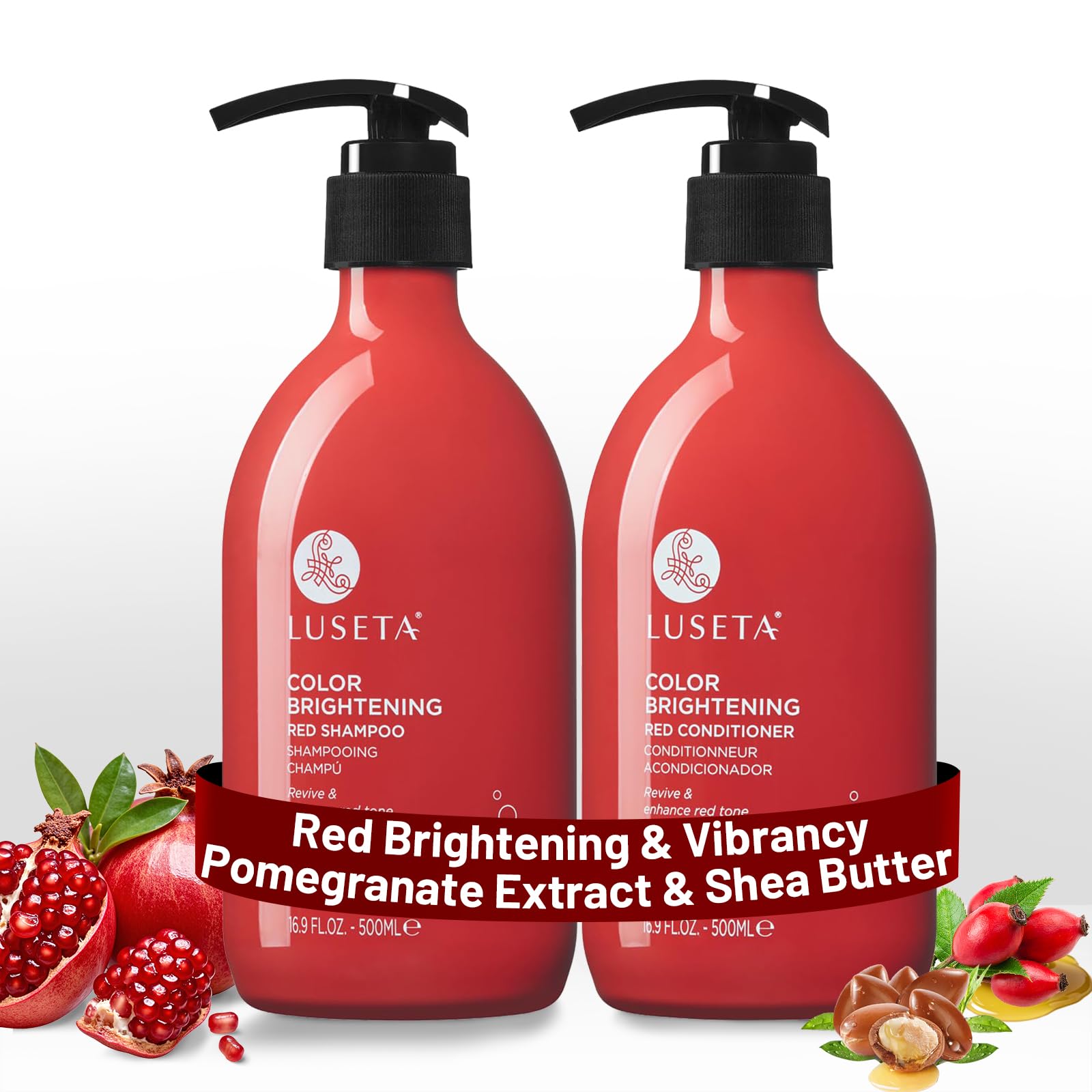 Luseta red hair shampoo bottle highlights vibrant copper tones for color-treated hair.
